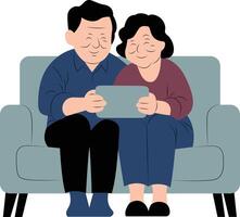 Elderly couple smiling while using a tablet together on a couch, International Day of Older Persons vector