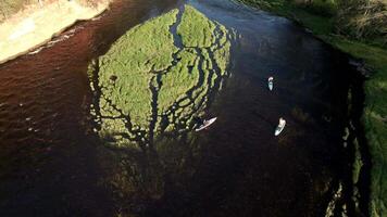 Aerial View of River with Elongated Island and Paddlers video