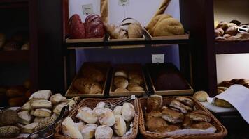 Assorted Freshly Baked Bread Displayed on Bakery Shelves and Baskets video