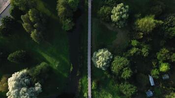 Aerial View of Park with Footbridge and Dense Tree Coverage video