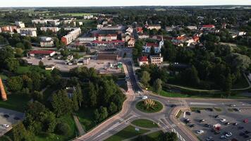 Aerial View of Latvian Town with Central Roundabout and Trees video
