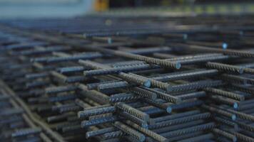 Close Up View of Crisscrossed Steel Rebar with Metallic Sheen video