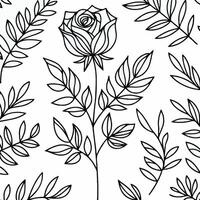 A black and white rose and leaves pattern vector