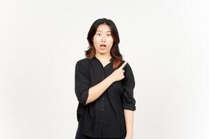 Showing Product and Pointing Side of Beautiful Asian Woman Isolated On White Background photo