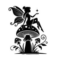 Silhouette of a Fairy Sitting on a Mushroom With Plants and Sparkle vector