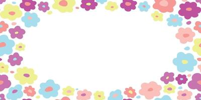 Rounded rectangular frame with simple abstract multicolored flowers with copy spice. vector