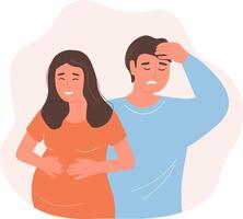 A couple with a pregnant woman, the man is not happy, in sadness. The young are expecting a child. flat graphics. vector