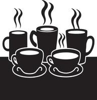 Hot drinks steaming mugs of coffee, cocoa, and tea Silhouette Art Illustration on a white background, illustration of several steaming coffee cups and saucers arranged on a rustic wooden table. vector