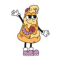 Groovy retro character slice pizza. Fast food, junk food. Isolated illustration vector