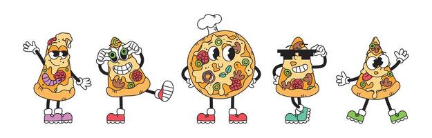 Retro groovy set of fast food characters, pizza, pizza slices. Funny vintage mascots. Junk food. Isolated illustrations vector