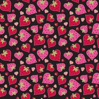 Seamless Valentine Strawberry Heart Shaped Pattern On Black Background vector