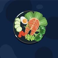 A plate with salmon, broccoli, and eggs vector