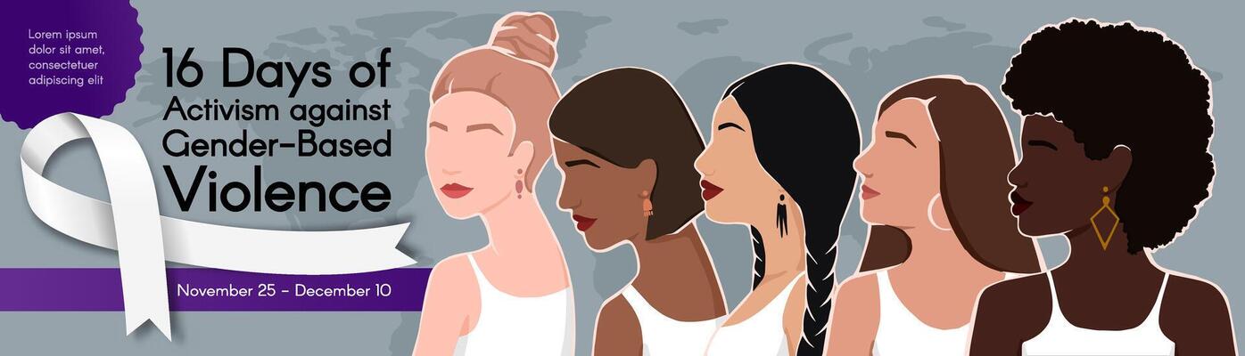 Long horizontal Banner for 16 Days of Activism against Gender-Based Violence with Women of different ethnic groups together and white ribbon. colorful illustration