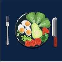 An image of a plate with eggs, avocado, tomatoes and lettuce vector