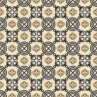 Seamless geometric pattern featuring floral and circular motifs with black and brown accents on a beige background, ideal for wallpapers, textiles, and digital designs. vector