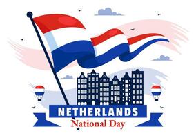 Flat Cartoon Style of Happy Netherlands National Day Featuring a Waving Flag and Blue Sky vector