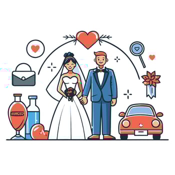 Romantic Wedding Concept Illustration with Couple and Floral Arch vector