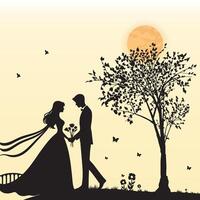 The silhouette of a loving couple is standing under a tree with butterflies and the sun in the background vector