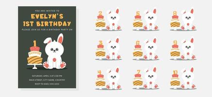 Greeting and invitation for kids Birthday party. Cute bunny and set cake with number and rabbit in flat childrens style. illustration collection, design for card, poster, event, prints vector