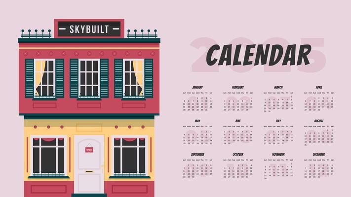 Full calendar for construction company 2025 with urban house. Modern style design for printing. Business illustration on light background