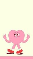 Vertical stories template with walking heart character in trendy retro groovy style. Social media post with psychedelic mascot. illustration with copy space vector