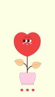 Vertical stories template with cute heart in pot character in retro groovy style. Social media post with psychedelic mascot. illustration with copy space vector
