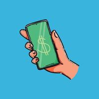An illustration of a hand holding a smartphone displaying a dollar symbol on its screen, conveying concepts of online money, mobile apps, and finance. vector