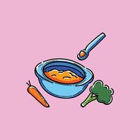 Hand drawn illustration of a bowl with baby food, a spoon, and vegetables on a pastel pink background. Great for parenting, baby nutrition, and diet related designs or educational materials. vector