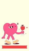 Vertical stories template with heart character and wine in trendy retro groovy style. Social media post with psychedelic mascot. illustration with copy space vector