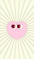 Vertical stories template with heart character in trendy retro groovy style. Social media post with psychedelic mascot. art with copy space vector