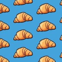 Pattern featuring cartoon croissants arranged evenly on a bright blue background, creating a cheerful design suitable for textiles, wallpapers, or food themed materials. vector