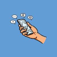 Illustration of a hand holding a smartphone displaying social media icons and notifications depicting online interaction and digital communication in a cartoon style. vector