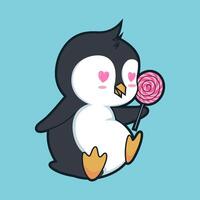 A cartoon penguin holding a lollipop with a heart on it vector