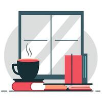 Cozy Reading Nook with a Cup of Coffee and a Book on the Windowsill vector