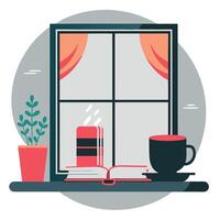 Cozy Ambiance with Book, Coffee, and Window Views for Relaxation and Contemplation vector