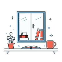 Cozy Window Nook with Book, Coffee, and Tranquil Atmosphere vector
