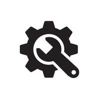 A black and white icon of a wrench and gearwheel vector