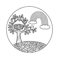 A coloring page with a tree and bird in the nest vector