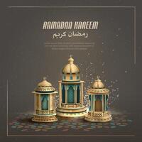 islamic ramadan card design with three golden lanterns vector