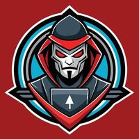 a red and black mask with a red arrow on it vector