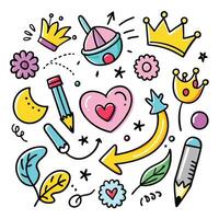 a set of colorful icons with a crown, heart, and other items vector
