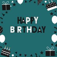 happy birthday card with black and white text on a turquoise background vector