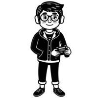 a cartoon boy with glasses and a jacket holding a remote control vector