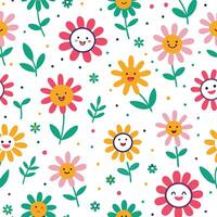 seamless pattern with flowers and smiling faces vector