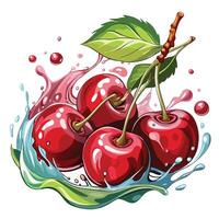 a group of cherries with water splashing on them vector
