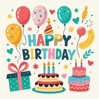 happy birthday card with balloons and cake vector
