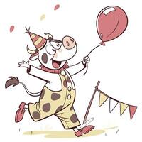 a cartoon cow running with a balloon vector