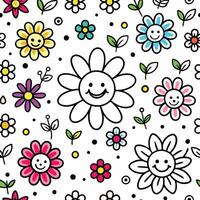 smiling flowers and leaves seamless pattern vector