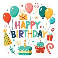 happy birthday card with colorful balloons and cake vector