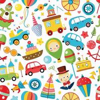 a colorful pattern with various toys and vehicles vector